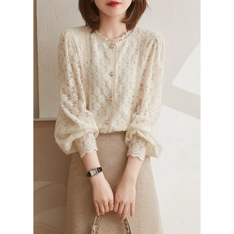 

Spliced Lace Shirt Female O Neck Crochet Hollowed Out Shirt Tops Single Breasted Lantern Long Sleeve Elegant White French Fairy