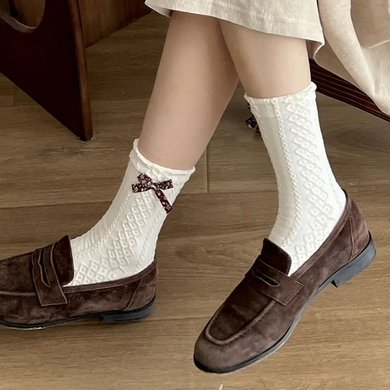 1/3 Pairs Flower Printed Women Mid Tube Socks Fashion Three Dimensional Bow Sweet Style Soft Comfortable All Seasons Casual Sock