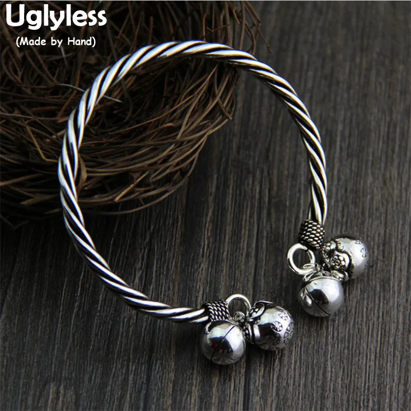 

Uglyless Vintage Thai Silver 925 Sterling Silver Twists Bangles Women Weaved Unusual Bangle Bells Charms Bracelet Thailand Gifts