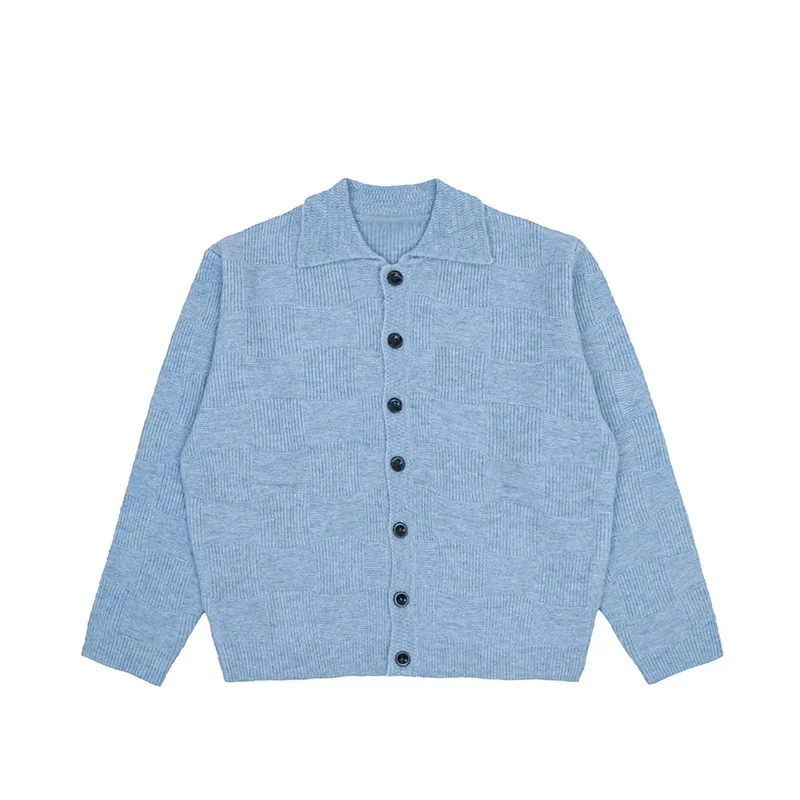 

American Retro High-end Blue Checkered Cardigan Sweater Men's Autumn and Winter Lazy Style Loose Knit Sweater Jacket Trendy