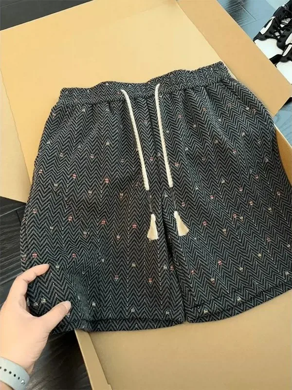 Summer American Retro Floral Short Pants Men's Loose Drawstring Casual Five-Quarter Beachwear Classic Tartan Pattern