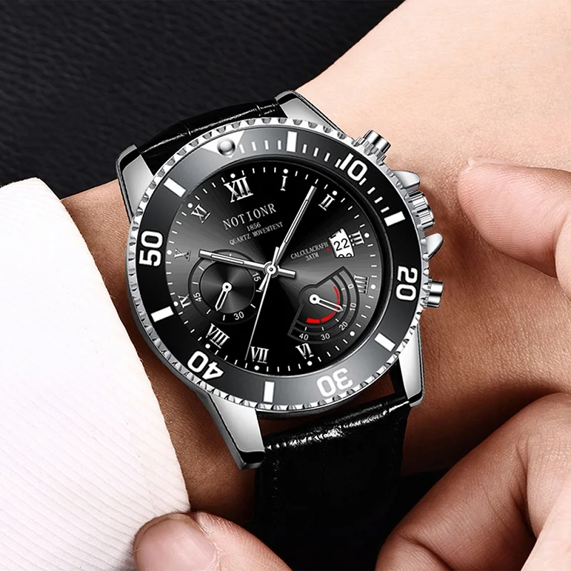 NOTIONR Fashion Mens Blue Watches Men Military Calendar Quartz Wrist Watch Luxury Man Business Leather Watch reloj hombre