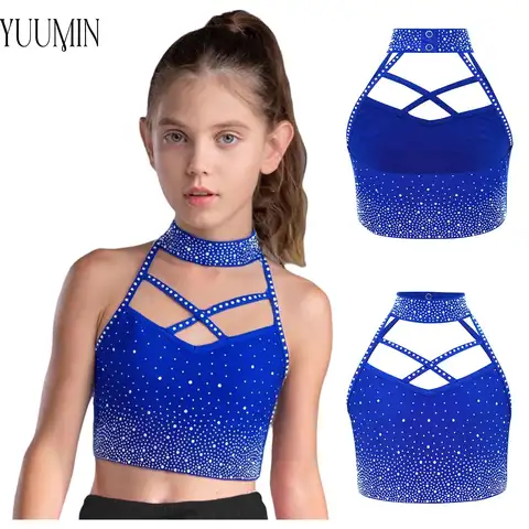 Kid Girl Gymnastics Dance Performance Costume Halter Sleeveless Cross Front Backless Sparkly Rhinestones Crop Top for Stage Show