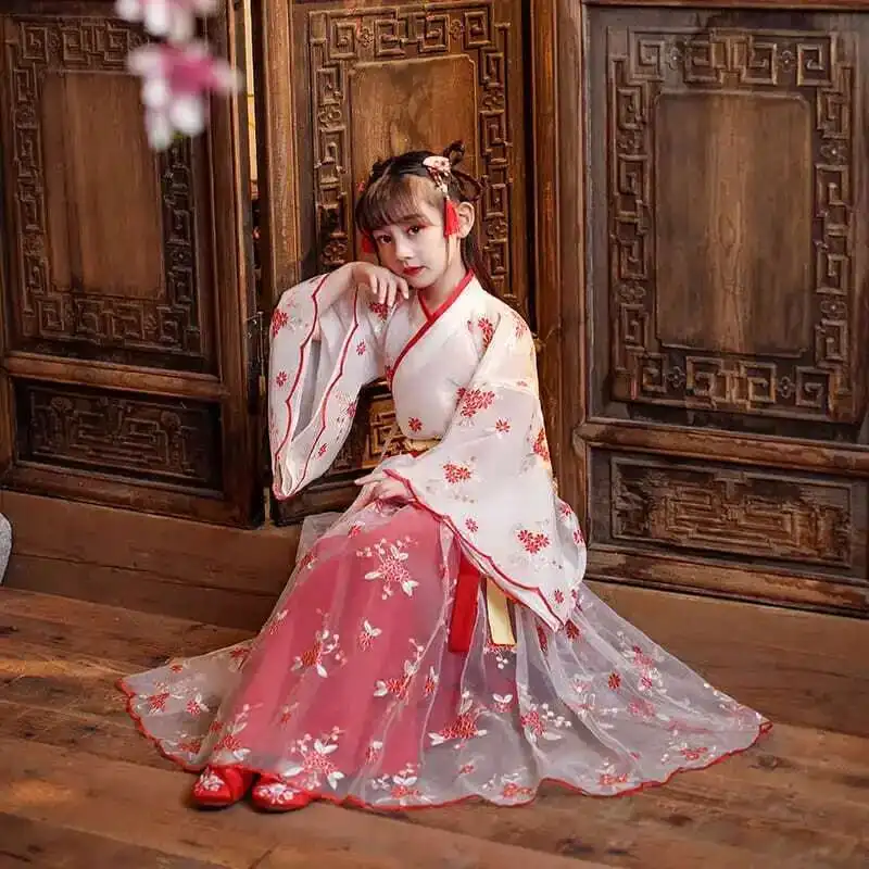 Chinese Zijden Gewaad Meisjes Kinderen Kimono China Traditionele Vintage Etnische Antieke Jurk Danskostuum Cosplay Hanfu Set