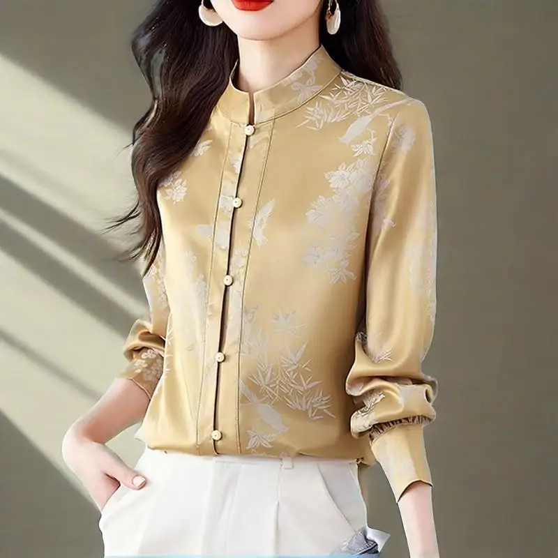 

Женские шелковые блузки на весну и осень, рубашки, шикарные блузки с длинными рукавами и воротником-стойкой в китайском стиле, топы, уличная одежда