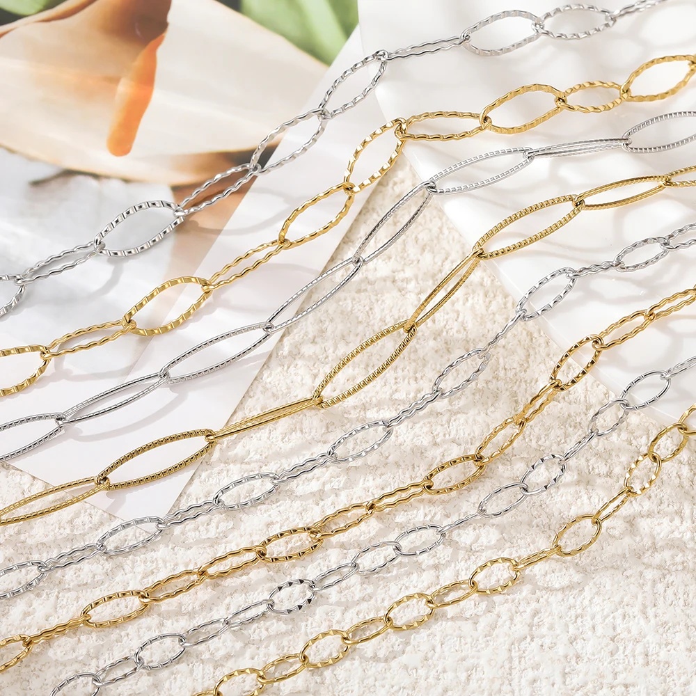 1Meter/Pack 304 Stainless Steel Oval Textured Shape Handmade Chains for DIY Necklace Bracelets Jewelry Making Accessories