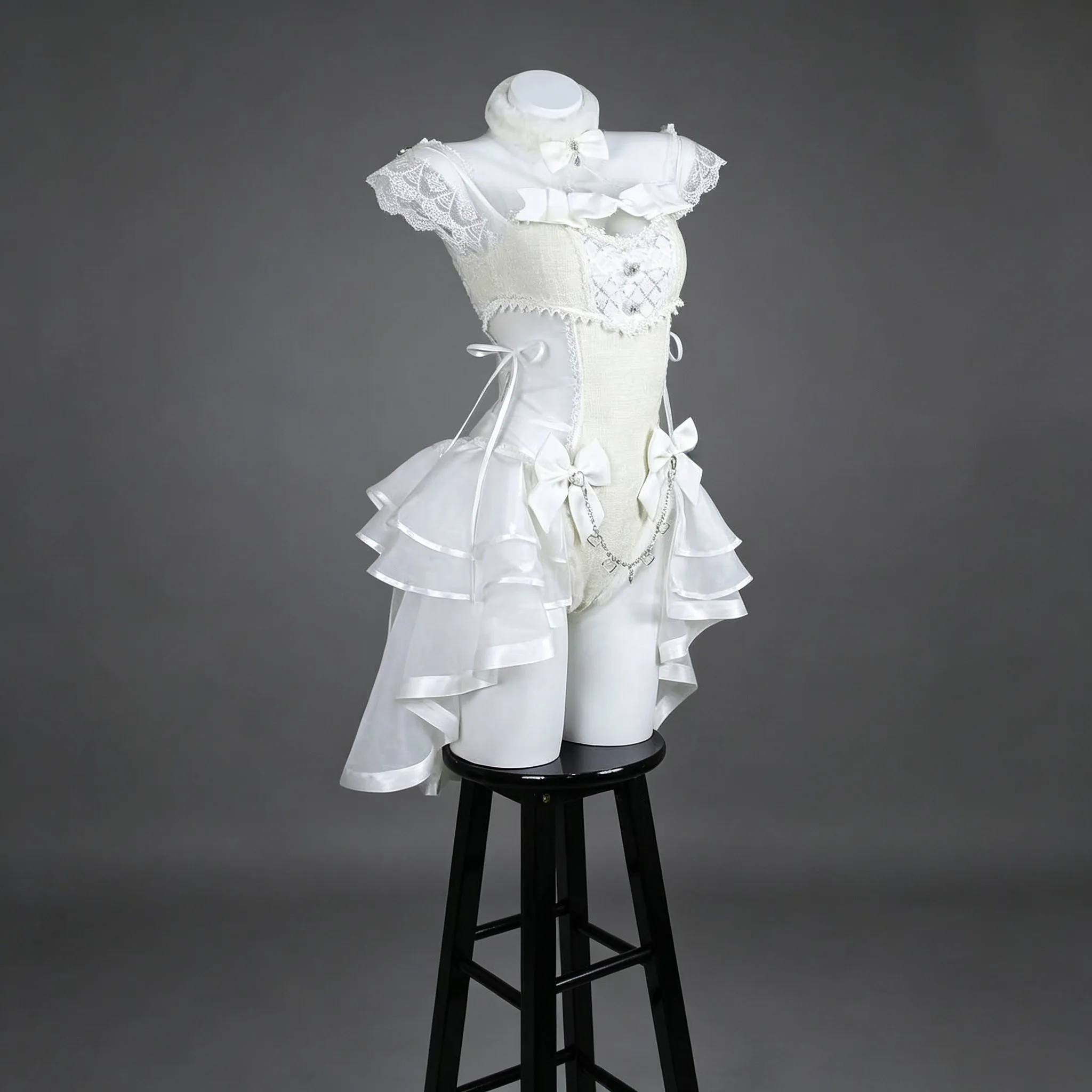 White Cosplay Dress Sheer Tulle Tweed Cute Princess Style Japanese Role Play Costume for Women Halloween Party AniMuse view 2