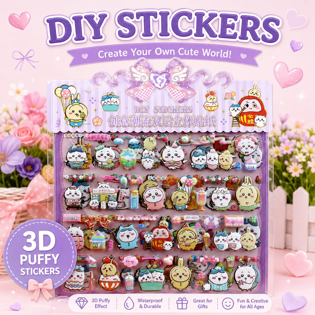 

Cute Usagi Hachiware DIY 3D Puffy Sticker Set Double Layer Creative Decal Sheet Kawaii Decor Craft Gift for Fans Journal