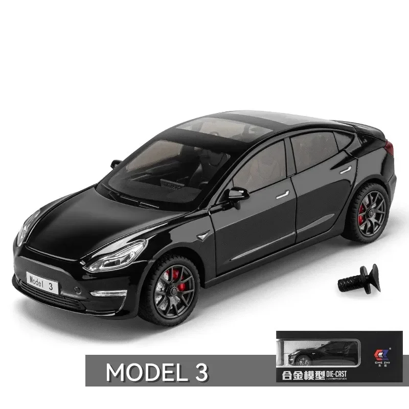 1:24 Tesla Model 3 Alloy Car Model Diecasts Metal Toy Vehicle Car Model High Simulation Sound Light Collection Kids Toy Gift