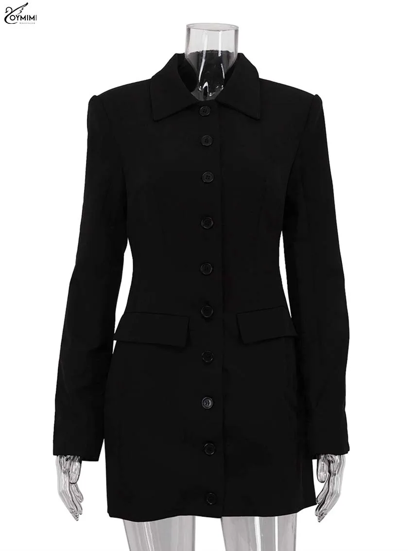 Oymimi Elegant Black Slim Women's Dress Fashion Lapel Long Sleeve Single Breasted Dresses Casual Straight Pockets Mini Dresses