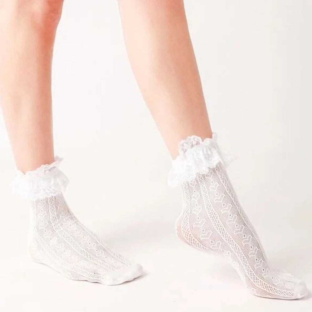 1 Pair Lace Mid Tube Socks Women's Lolita Retro Women's Love Jacquard Princess Sock White Breathable Anti Hook Silk Girls' Socks