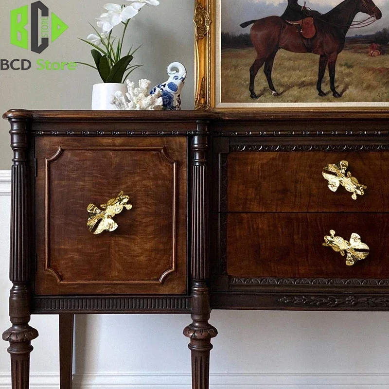 BCD Goldfish Shape Solid Brass Retro Knobs Door Handles Cabinet Wardrobe Drawer Pulls Single Hole