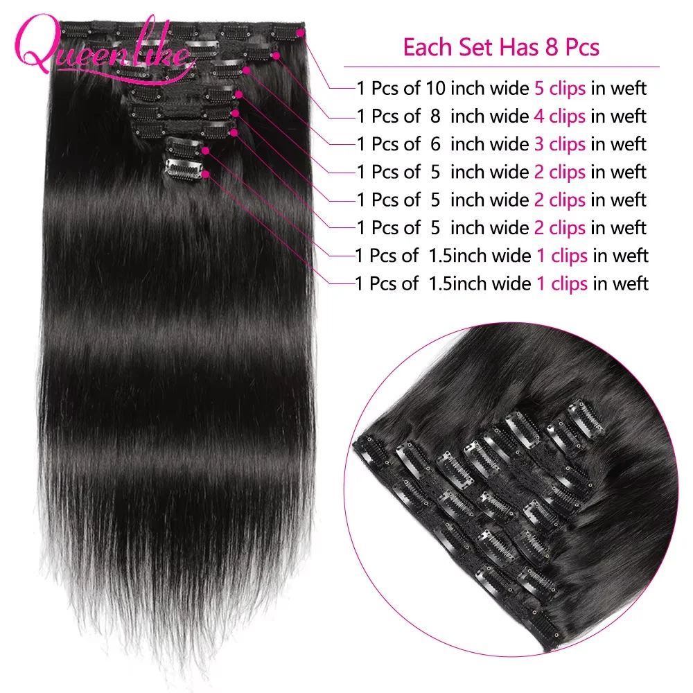 Queenlike Clip-In-Haarverlängerungen aus Echthaar, brasilianisches, glattes Clip-In-Haar in natürlicher schwarzer Farbe, Clip-Ins, Remy-Haarverlängerungen – Detail 3
