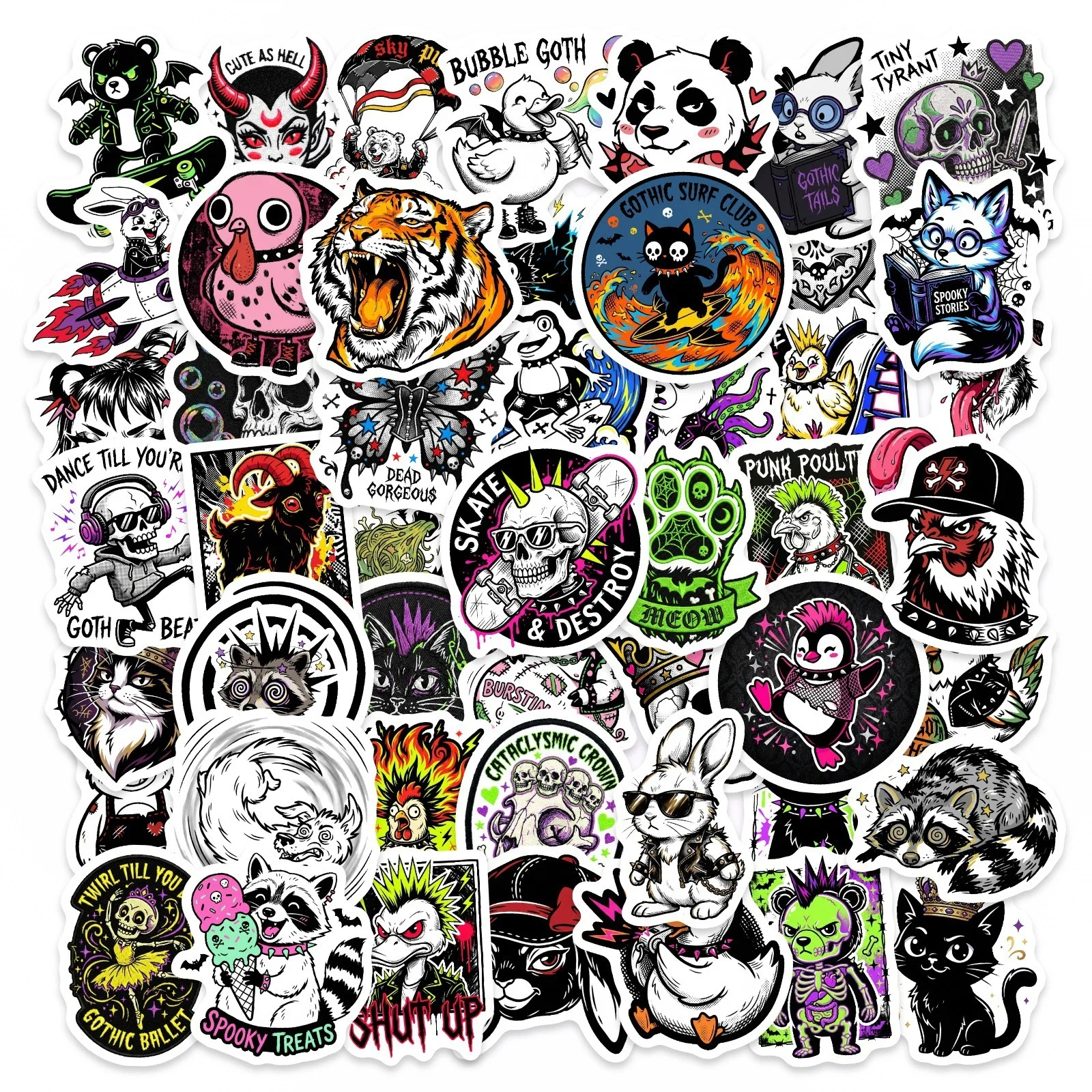 50 Pcs Punk Gothic Animal Stickers Dark Skull Street Style DIY Suitcase Skate Helmet Phone Motorcycle Waterproof Decals