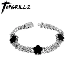 TOPGRILLZ Plant Five Leaf Flower Bracelet With 8mm Cuban Chain Full Iced Out Cubic Zircon Bracelets Fashion HipHop Jewelry
