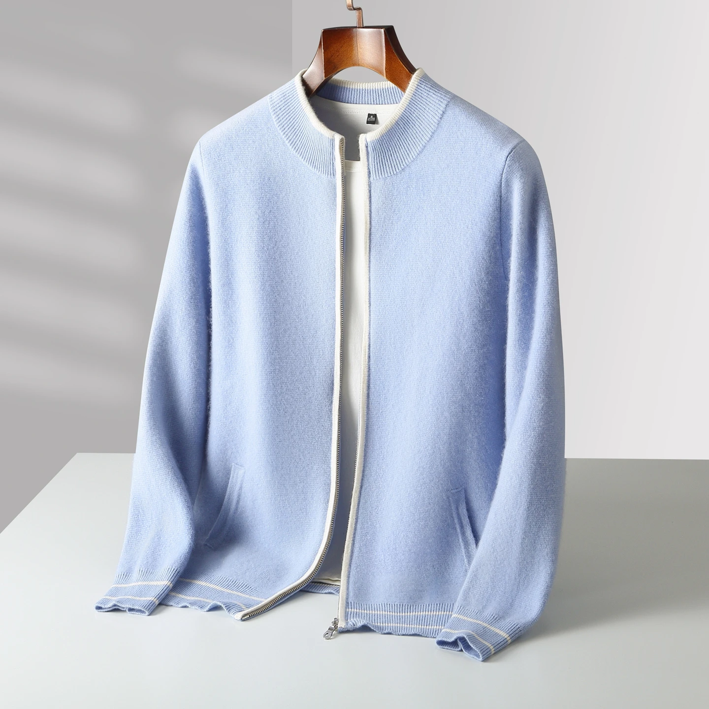 Men 100% Merino Wool Cardigan Coats Zipper Jacket Sweater Autumn Winter Contrast Color New Fashion Thick Warm Versatile Knit Top