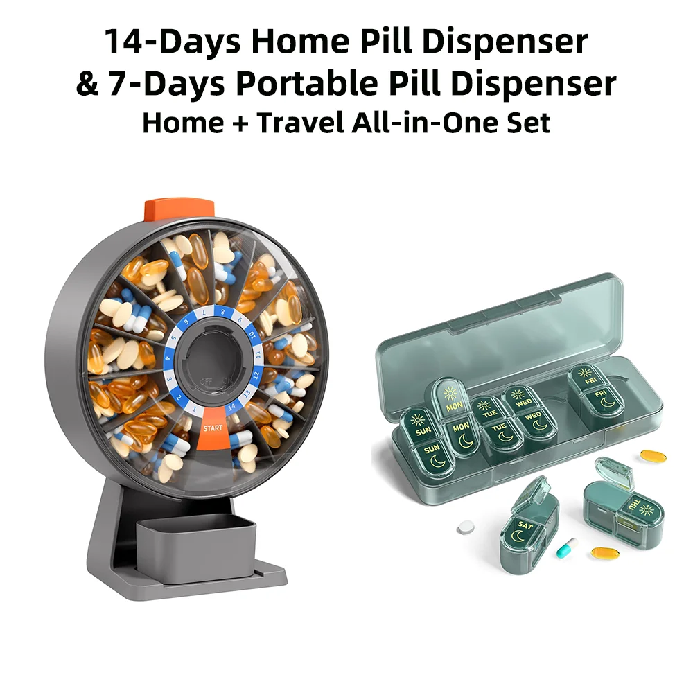 14-Day Pill Dispenser + 7-Day Portable Pill Dispenser One set for Home and Travel Sealed Portable Medicine Case