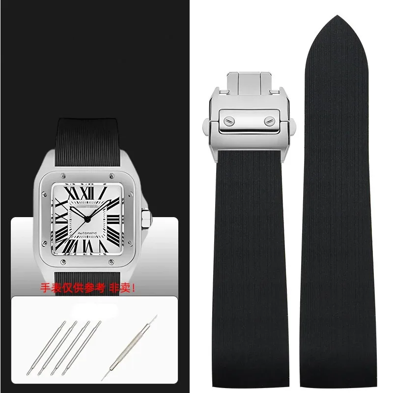 

25mm Rubber Waterproof Watchband Fits for Cartier Santos 100 W2020007 Silicone Strap Silver Gold Folding Buckle Black Bracelet