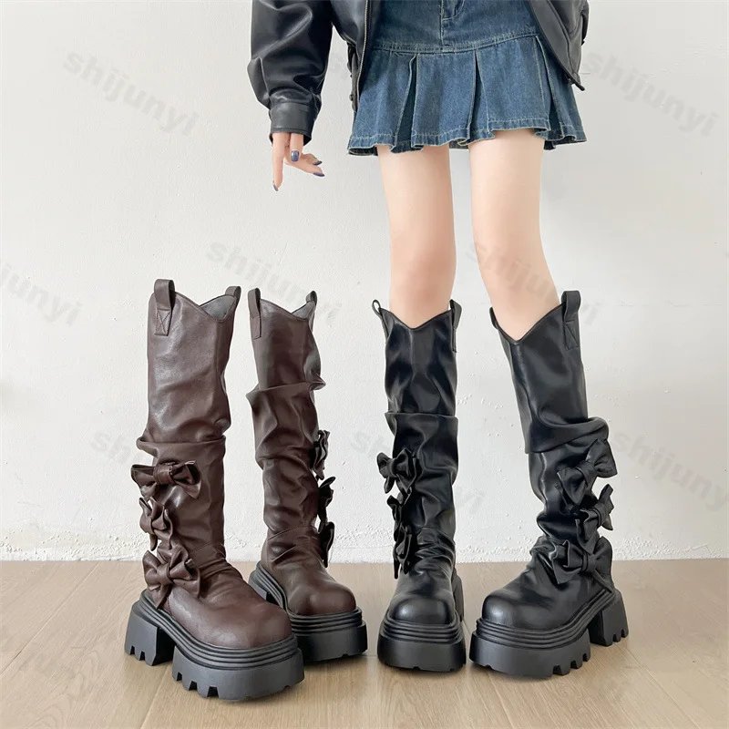 

Женские сапоги до колена, осень 2023, новые модные ботинки на платформе с толстой подошвой в стиле ретро, модные ботинки высокого качества с бантом, повседневные уличные ботинки