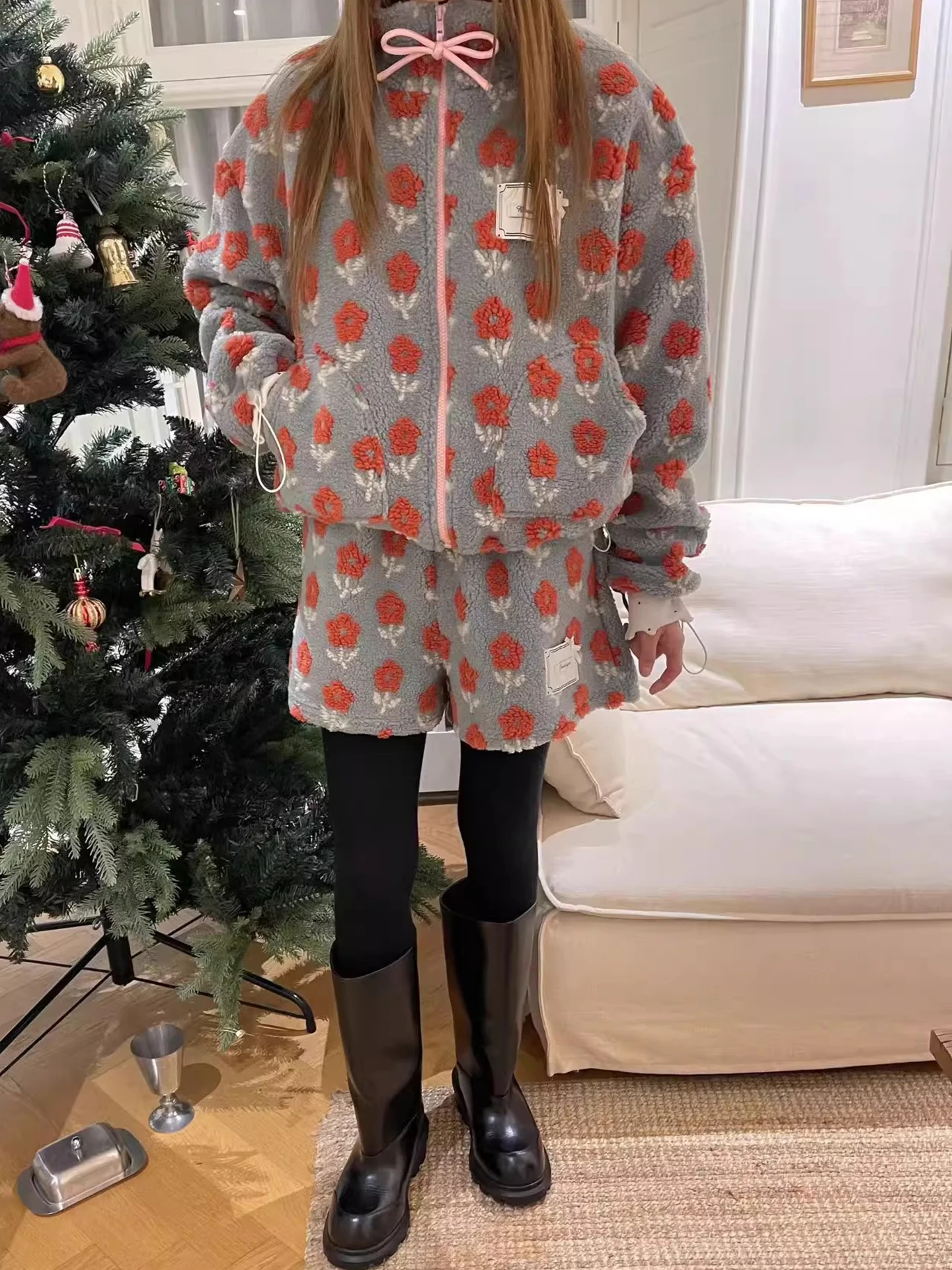 Retro Floral Print Lamb Fur Cotton Jaet Women's Autumn Winter High Waist Slimming Wide Leg ort Pants Two Piece Set