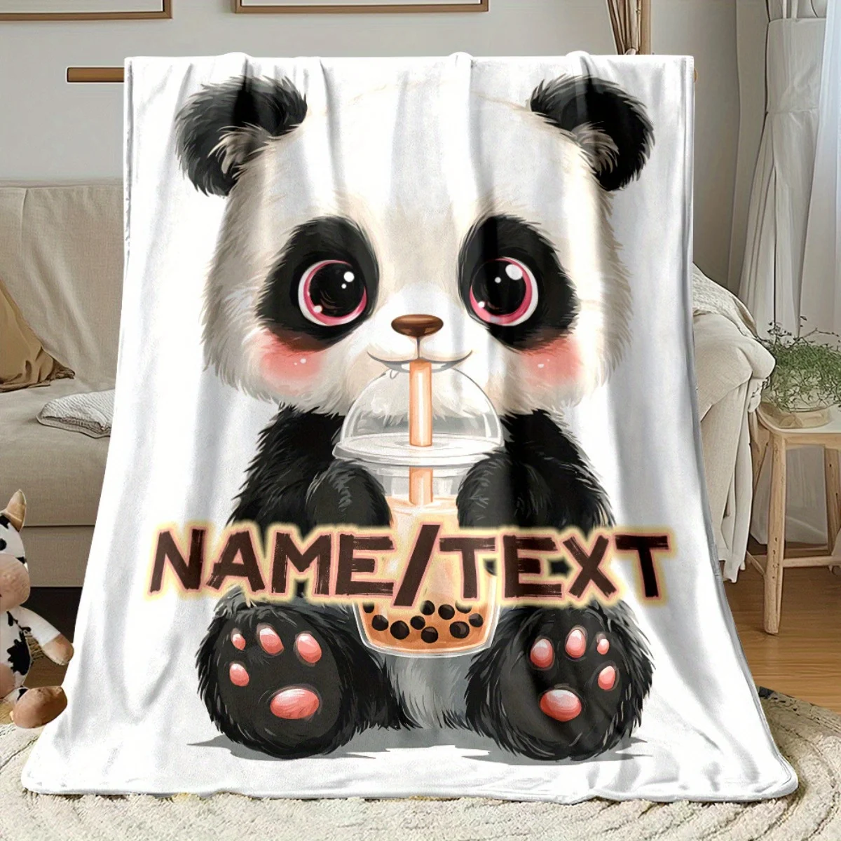 1pc Personalized Custom Name Panda Blanket Cute Panda Drinking Bubble Tea Design Soft Flannel for Couch Bed Camping Cozy Gift