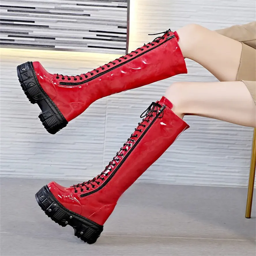 

Winter Warm Knee High Boots Women's Bright Cow Leather Round Toe Platform Wedge Long Booties High Heel Creeper Oxfords