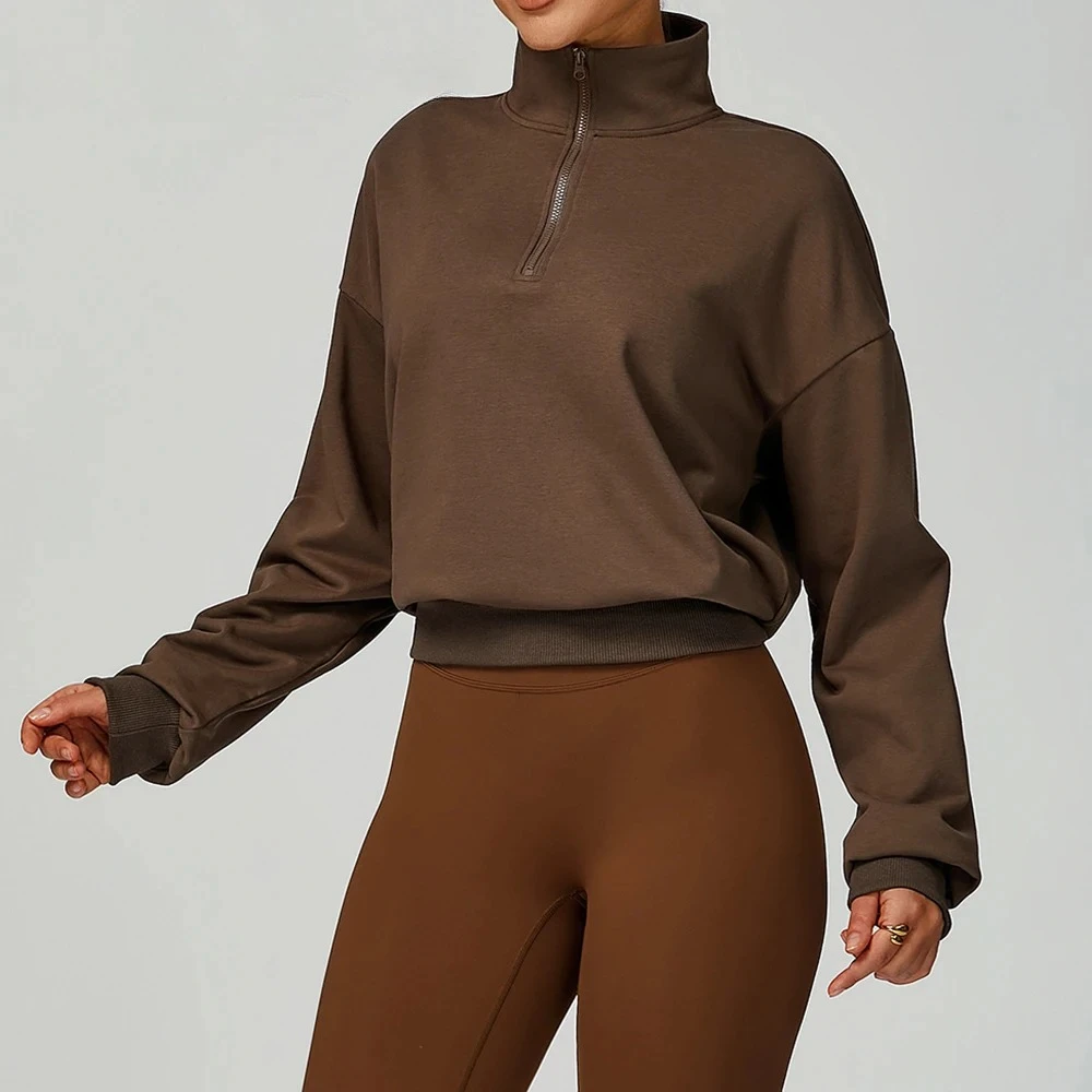

Autumn Winter Cotton Yoga Sweatshirt Half Zipper Stand Neck Sports Hoodies Women Long Sleeve High Waist Gym Fitness Running Tops