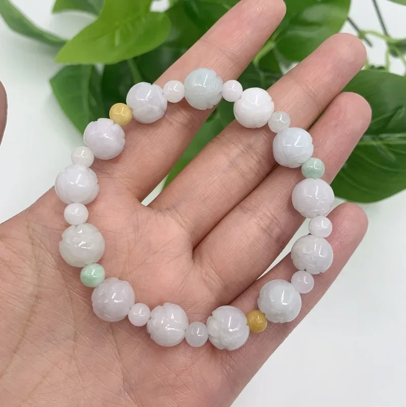 Jade Emerald 18mm Lotus Beads Bracelet Natural Adjustable Bangle Charm Jewellery Fashion Accessories Hand-Carved Man Luck Amulet
