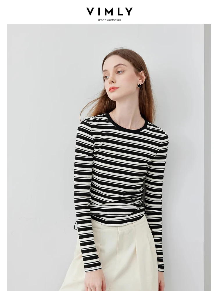 

Vimly Casual Striped O-neck T-shirt Woman 2024 Spring Side Drawstring Long Sleeve Tops High Strecth Slim Basic Tshirt M6223