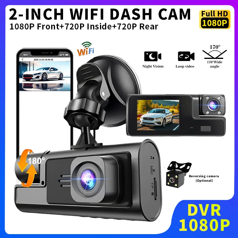 HD1080P WIFI Car Dash Cam 3 Lens 170° wide  Angle Front Inside Rear,HD Night Vision Loop video Parking  Line Vehicle Accessories
