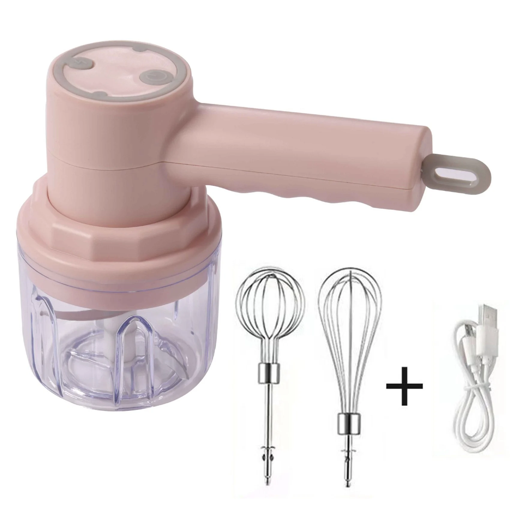 3In1 Electric Blender Wireless Food Cream Mixer USB Electric Egg Beater Handheld Garlic Chopper Meat Grinder Pink