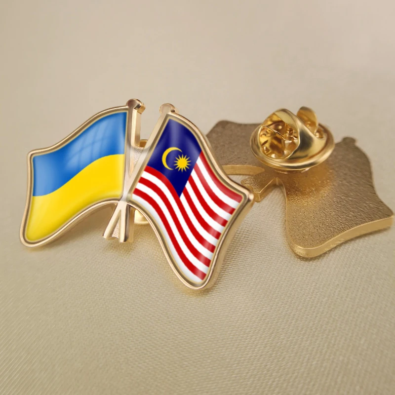 Malaysia and Ukraine Crossed Double Friendship Flags Lapel Pins Brooch Badges