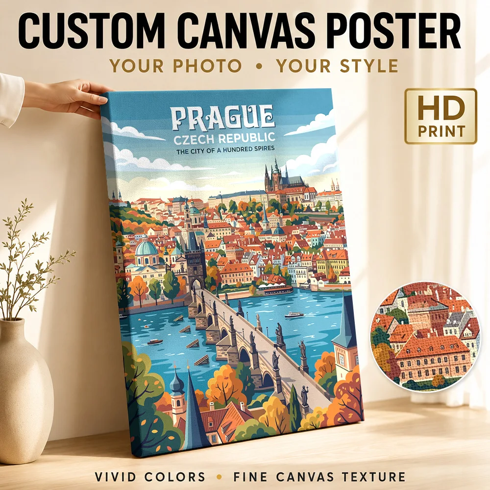 Prague Cityscape with Charles Bridge Framed Canvas Print Poster Personalized Photo Modern Aesthetic Wall Art for Bedroom Decor