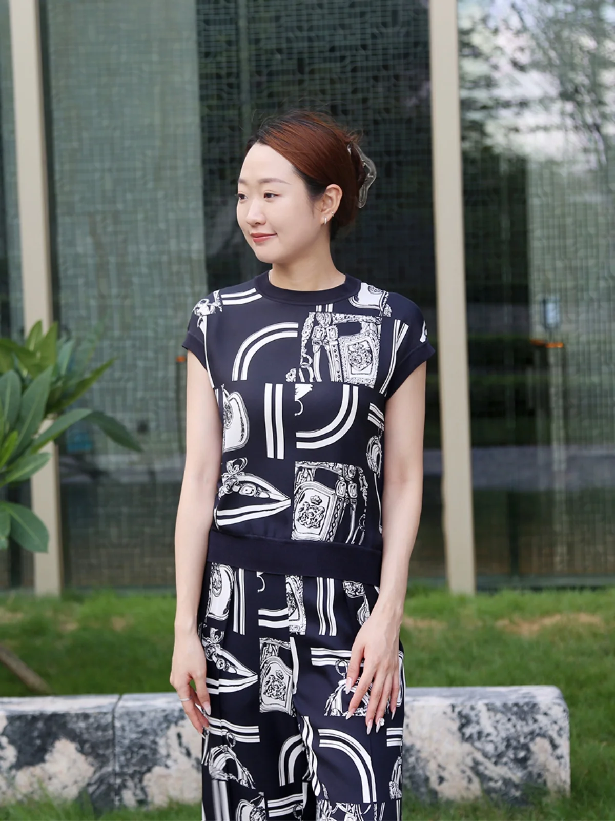 

YongLeap Silk Print Knitted ort Sve Top Versatile Summer New Arrival Classic Chain Link Design Loose Fit round Ne T-irt