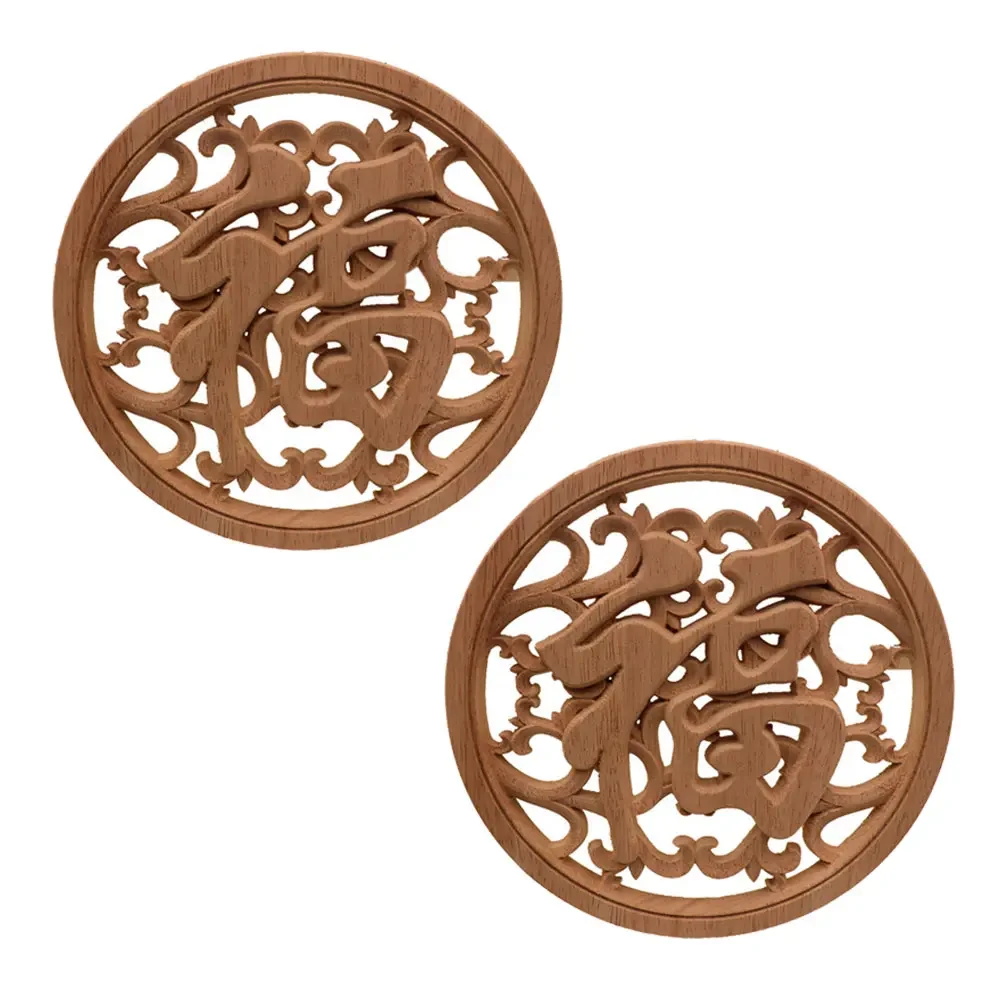 2pcs Wood Carved Applique Onlay for Furniture Decor Round Flower Decal Unpainted Durable Home Door Cabinet Corner Frame Ornament