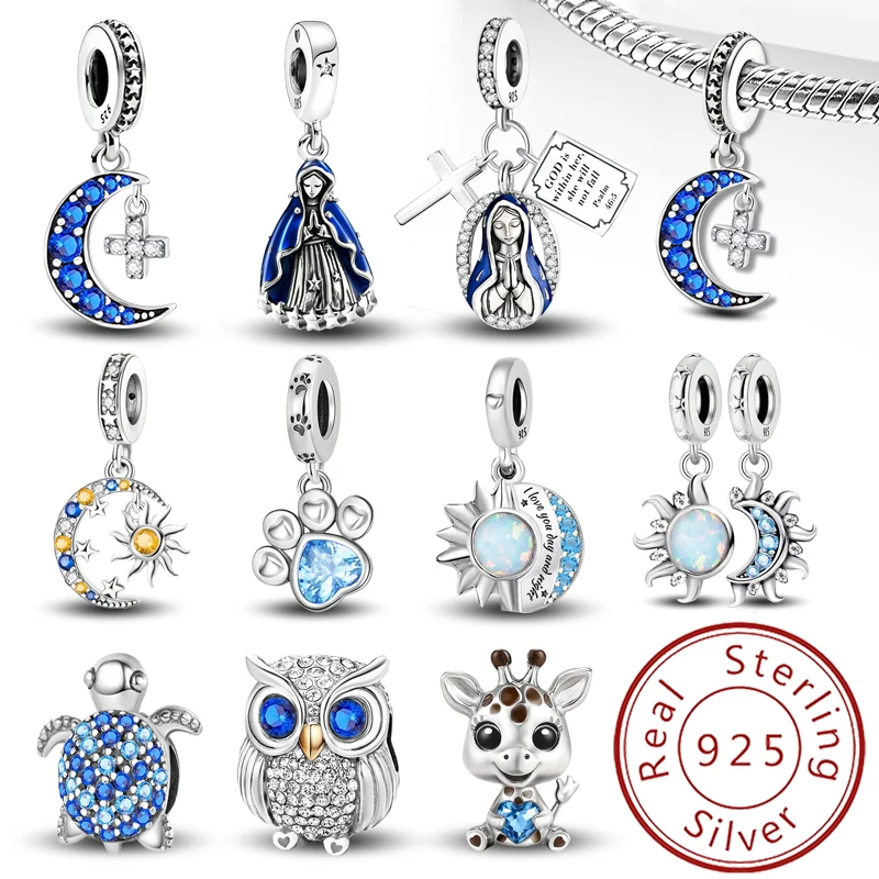 Charms aus 925er-Sterlingsilber, blaue Eule, Kreuz, Sonne, Mond, Sterne, Perle, DIY-Armband, Geschenk, hochwertiger edler Schmuck für Frauen