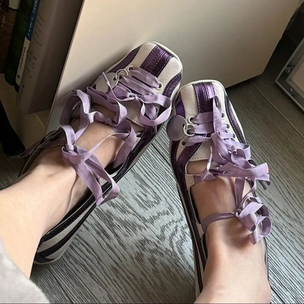 

Mixed Color Pork Split Skin Butterfly Knot Ballet Flats All Match Stripe Lace Up Shallow Casual Shoes Square Toe Hollow Shoes