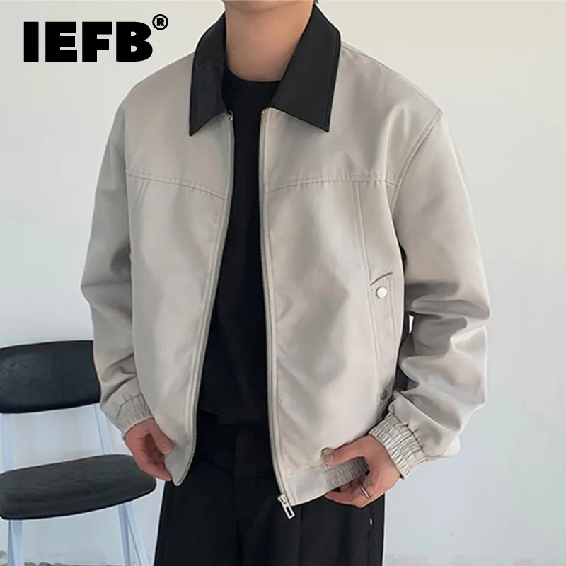 IEFB New Fashion Men\'s Jackets Casual PU Leather Collar Contrast Color Clothing Lapel Zipper Male Coats Simple Autumn 9C6814