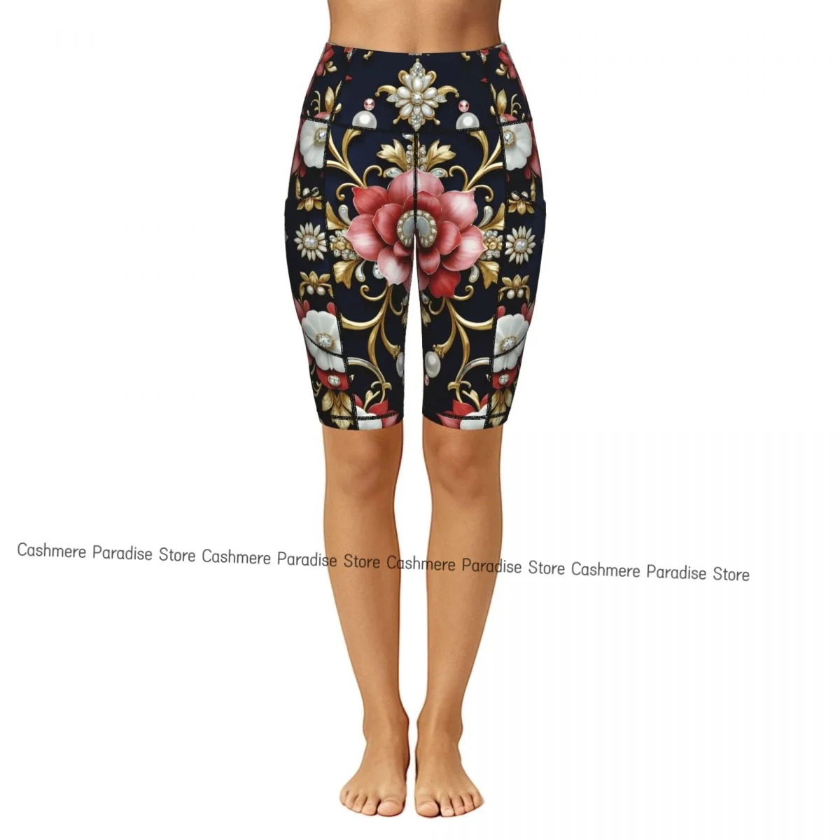Double Pocket Sports Shorts Women Elastic Slim Luxurious  Gold Pearls Shorts Gym Exercise Running High Waist Yoga Fitness Shorts