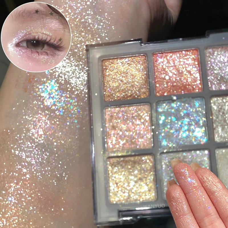 Paleta de sombras de ojos con brillo de 9 colores, sombra de ojos perlada de color tierra, brillo, destellos, lentejuelas, maquillaje de ojos dorado y plateado