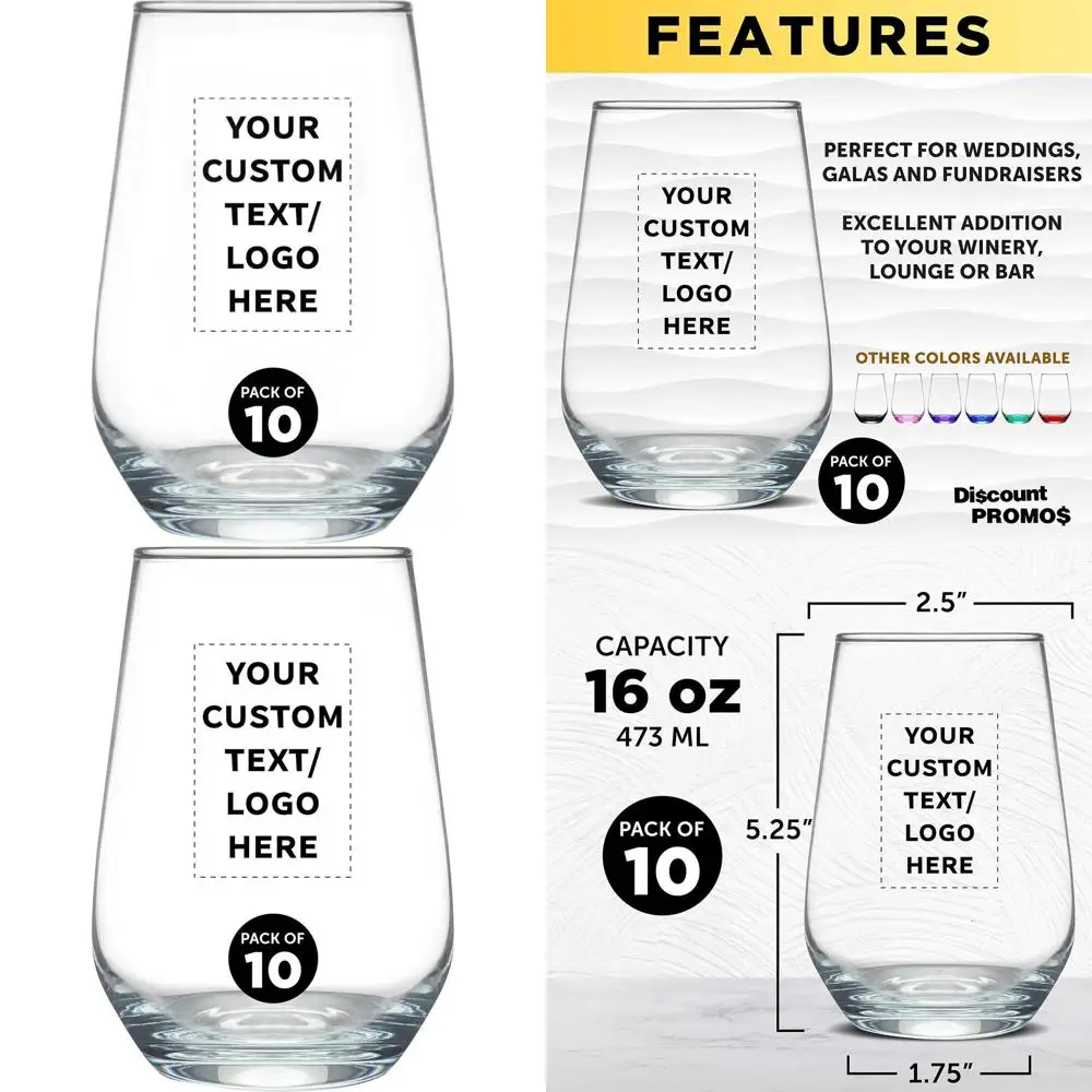 

Set of 10 Personalized Stem Wine Glasses, 16 oz, Clear Orb-Shaped with Thick Base