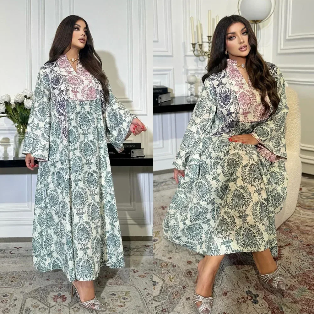 Retro Floral Print Abaya Women Muslim Ramadan Maxi Dress Ethnic Jalabiya Turkey Dubai V-neck Robe Islam Flare Sleeves Caftan