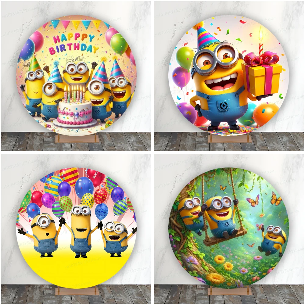 

Minions Birthday Party Photo Backdrop Baby Shower Photography Backdrop Round Photo Background Banner ﻿Decoration