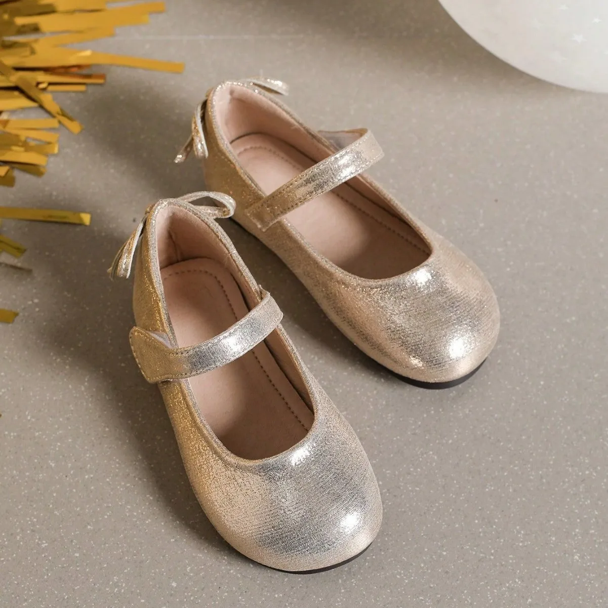 

Kids'Casual Shoes Bow Solid Color PU Leather Fashion Spring Flat Shoes For Girls Anti-slip Soft Bottom Gold Shoes Size 20-28