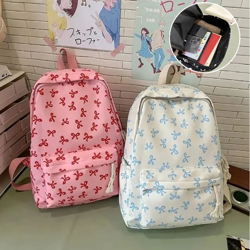 Trendy Cute Bow Print Backpack for School with Laptop Protection Adjustable Straps Perfect Back-to-School Season Gift for Girls