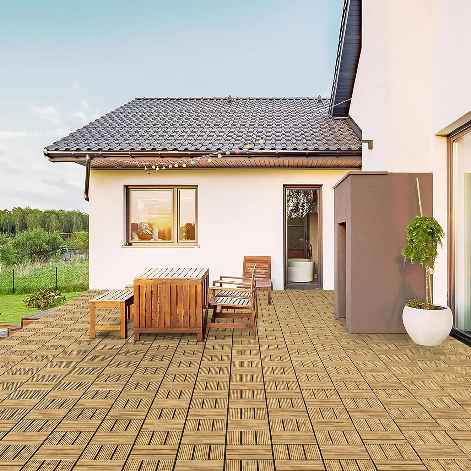 27PCS 12''x12'' Hardwood Deck Tiles Interlocking Patio Deck Tiles Solid Fir Wood Waterproof Garden Tiles, Natural Wood