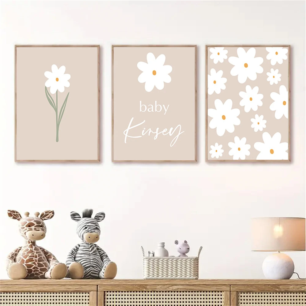 Beige Posters Daisy Canvas Painting Wildflowers Custom Name Wall Art Print Nursery Poster Nordic Wall Pictures Kids Room Decor