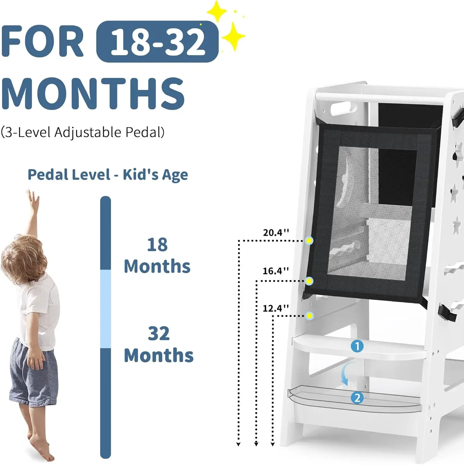 Banco de cozinha infantil de bambu para crianças - branco Little Helper Tower altura ajustável com aprendizagem preto e branco