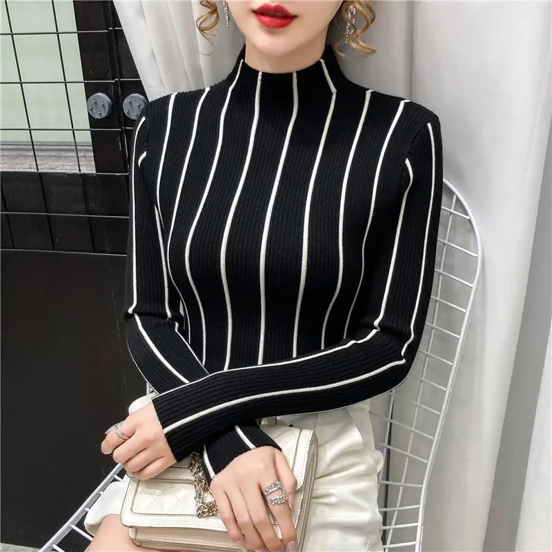 Autumn and Winter Women\'s Pullover Stripe Colored Half High Neck Loose Fit Sweater Knitted Bottom Fashion Elegant Casual Tops