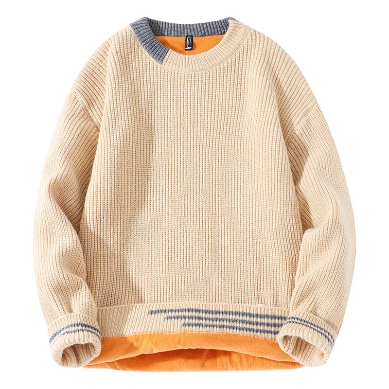 Comfortable Colorblocking Crew Neck Men Sweater Fashion Loose Casual Men Pullover Winter Padded Design Sweater Cotton Soft Yarn